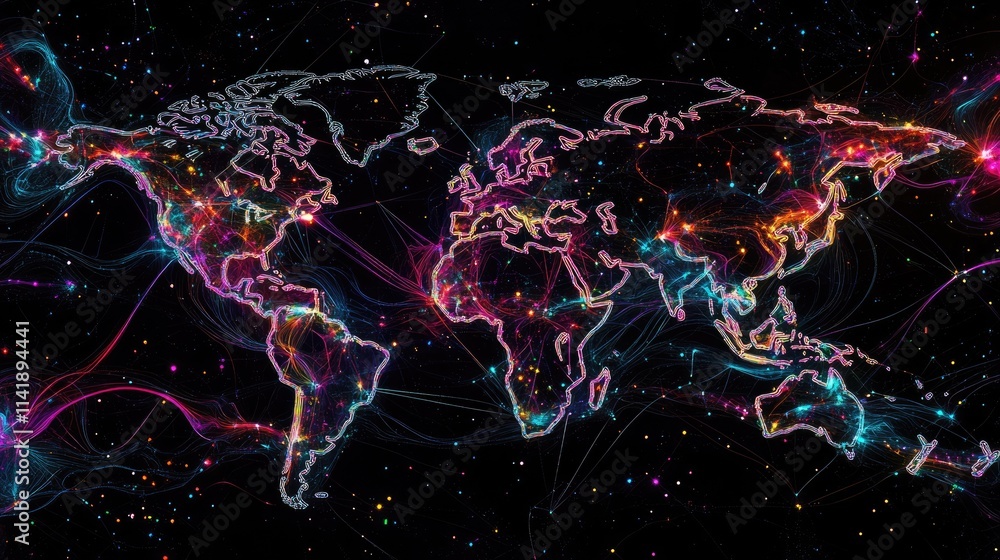 Poster High-tech world map with digital data processing and neon lines, symbolizing global data exchange and modern technology