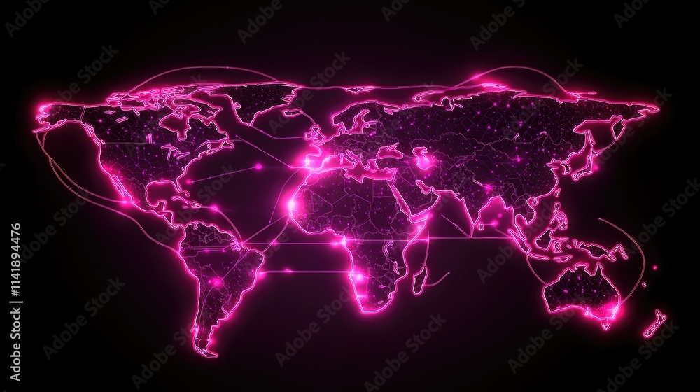 Poster High-tech world map with digital data processing and neon lines, symbolizing global data exchange and modern technology