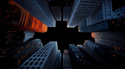 Urban Canyon at Night: A dramatic low-angle shot captures towering skyscrapers reaching towards a starless night sky, creating a mesmerizing urban canyon effect.