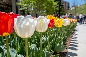 A spring flower festival with paths lined by vibrant tulips and people posing for photos