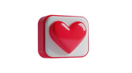 3D Illustration of a Red Heart Icon Button on a White Background, Symbolizing Love, Affection, Support, and Appreciation in Digital Communication and Social Media Platforms
