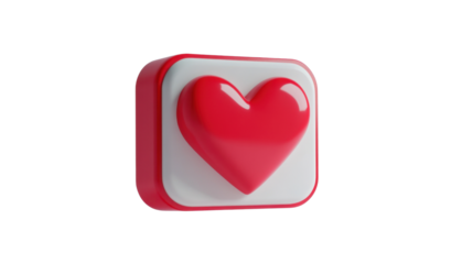 3D Illustration of a Red Heart Icon Button on a White Background, Symbolizing Love, Affection, Support, and Appreciation in Digital Communication and Social Media Platforms