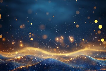 Fototapeta premium Golden abstract bokeh, waves and particles on blue background. Celebrating Christmas, New Year or other holidays. Sparkling abstract background with blue and gold lights creating a magical atmosphere 