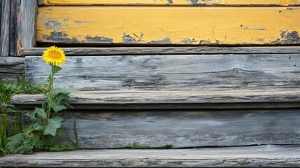 Fototapeta premium A dandelion plant growing between the steps of an old wooden staircase, rustic farmhouse in the background