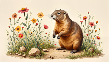Groundhog standing confidently in a flower garden surrounded by rocks and soft earth in a charming illustration