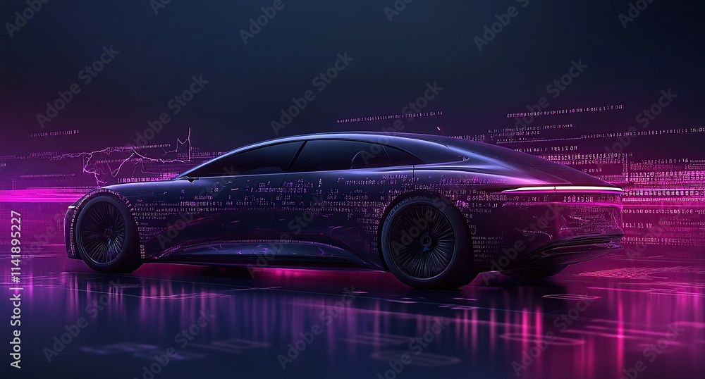 Poster a car with an abstract background of digital data and code, symbolizing the integration of technolog