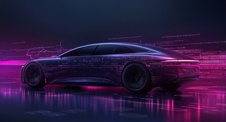 Naklejka premium A car with an abstract background of digital data and code, symbolizing the integration of technology