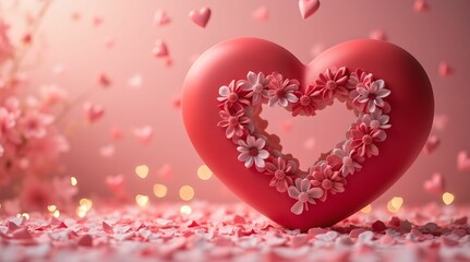 Valentine, big pink heart with flowers on blurry background. Valentine's Day concept