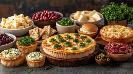 A vibrant display of freshly baked savory tarts and pies, surrounded by colorful fresh produce such as tomatoes, oranges, and greens, creating a rich, inviting, and appetizing culinary scene