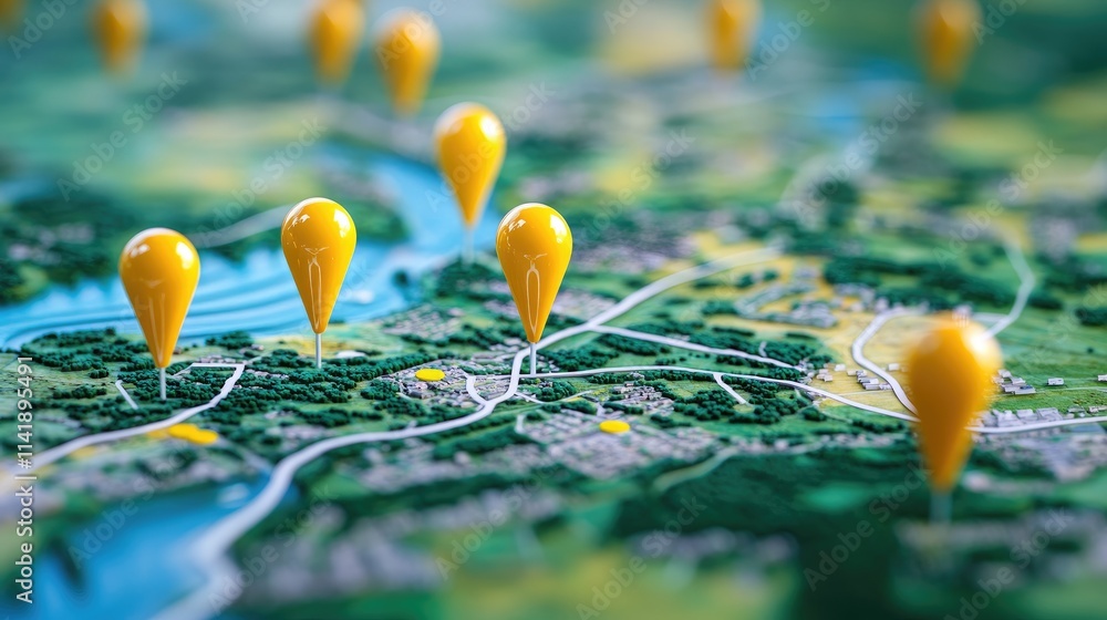 Poster Map of the countryside with yellow pins marking key locations, enhanced with white connecting lines to represent routes or pathways