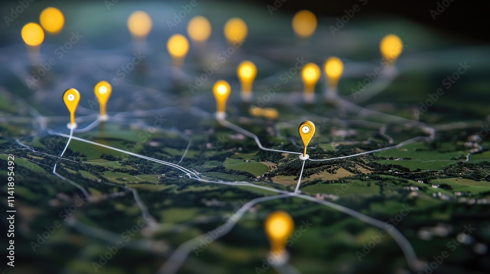Aufkleber map of the countryside with yellow pins marking key locations, enhanced with white connecting lines 