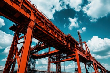 Vibrant Industrial Landscape Featuring Bold Orange Crane Against Dramatic Cloudy Sky and Blue Hues Showcasing Modern Engineering and Urban Environment