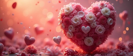 Valentine, big pink heart with flowers on blurry background. Valentine's Day concept