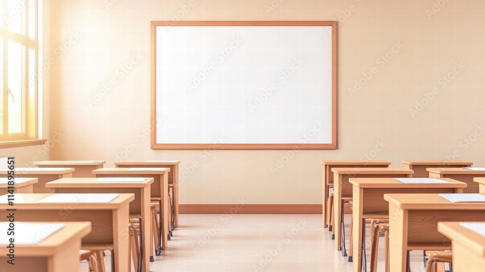 Poster bright classroom with neatly arranged wooden desks and blank whiteboard, creating inviting learning 