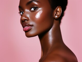 a closeup photo of a young black woman with moisturizer on her face, clean skin and pink color in the background, photo studio prefect for cosmetics and skin care content