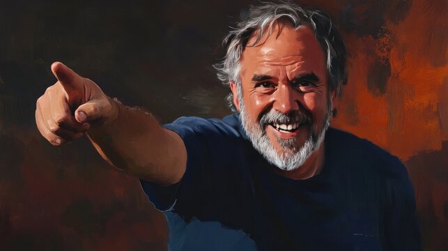 Joyful man pointing with an assertive gesture