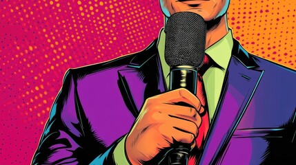 Journalist holding microphone in pop art style