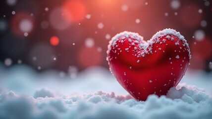 Fototapeta premium Valentine with heart on snow background and place for text, bokeh