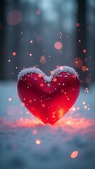 Valentine with heart on snow background and place for text, bokeh
