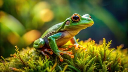 Fototapeta premium Miniature amphibian, a tree frog, perched in lush moss, captured from above by a drone.