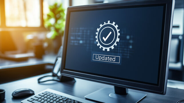 Close-up of computer screen showing software update notification with progress bar, blurred code and technical icons, symbolizing software maintenance and security.