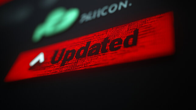 Close-up of computer screen showing software update notification with progress bar, blurred code and technical icons, symbolizing software maintenance and security.