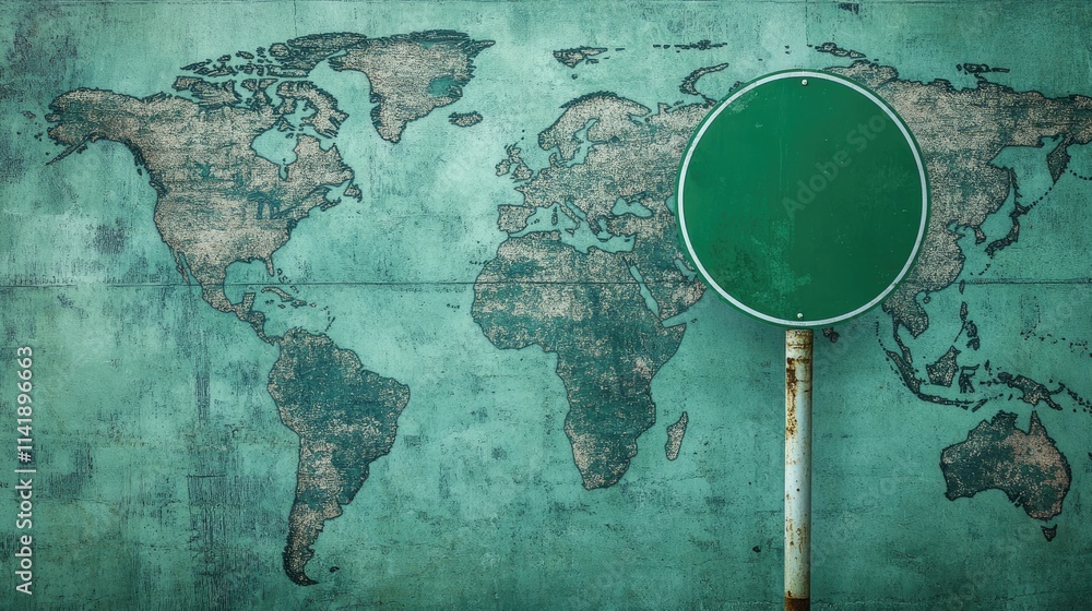 Poster Road sign against a world map background, featuring a green color scheme to represent global navigation and travel