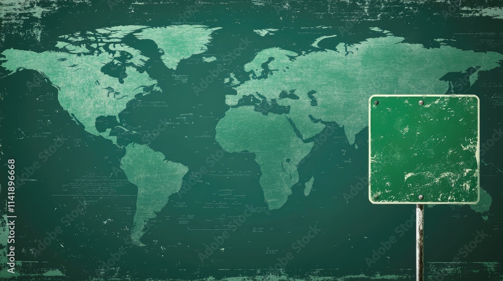 Poster Road sign against a world map background, featuring a green color scheme to represent global navigation and travel
