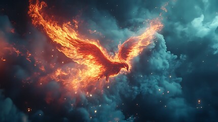 Fiery Phoenix Soaring Through Dark Clouds Of Smoke