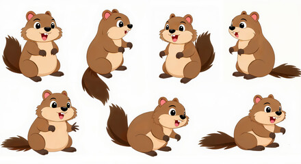 Cute Cartoon Squirrel Collection Illustration Featuring Playful and Adorable Expressions for Children's Designs and Storybooks, Perfect for Kids' Content and Educational Material.