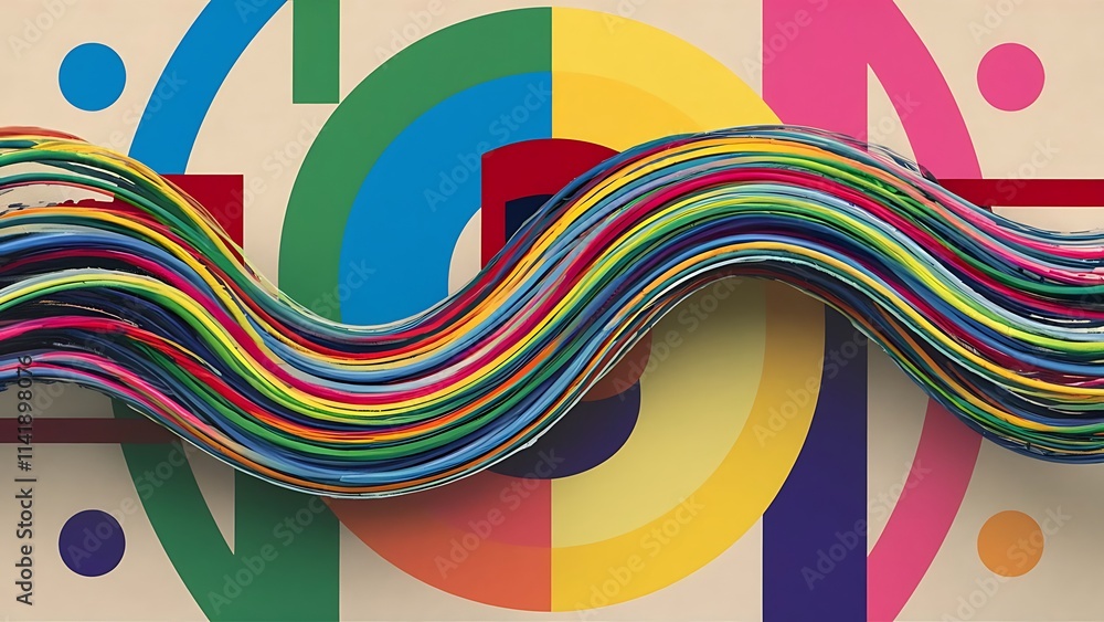 Poster multicolored wavy line primitive geometric elements