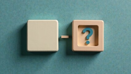 Minimalist beige puzzle art with blue question mark on textured background
