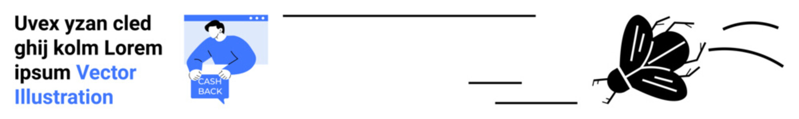 Man holding a document with text, alongside a flying insect with motion lines. Ideal for business, speed, efficiency, communication, technology, digital, marketing. Landing page