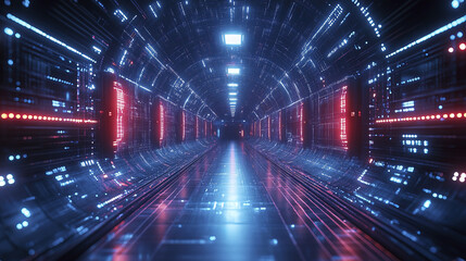 Fototapeta premium Futuristic tunnel with glowing lights and digital patterns, creating sci fi atmosphere