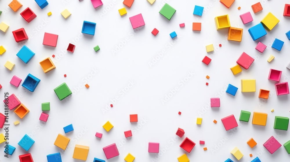 Poster White background with scattered colorful blocks in multiple shapes and sizes, offering a creative and energetic design space in the center