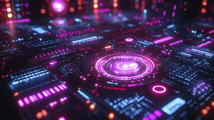 Obraz premium Futuristic digital interface with neon lights and glowing patterns