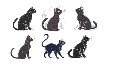 Vector black and white hand drawn cat set illustration. Cute pet cartoon and animal design art. Mammal character drawing outline shape and doodle sketch collection.