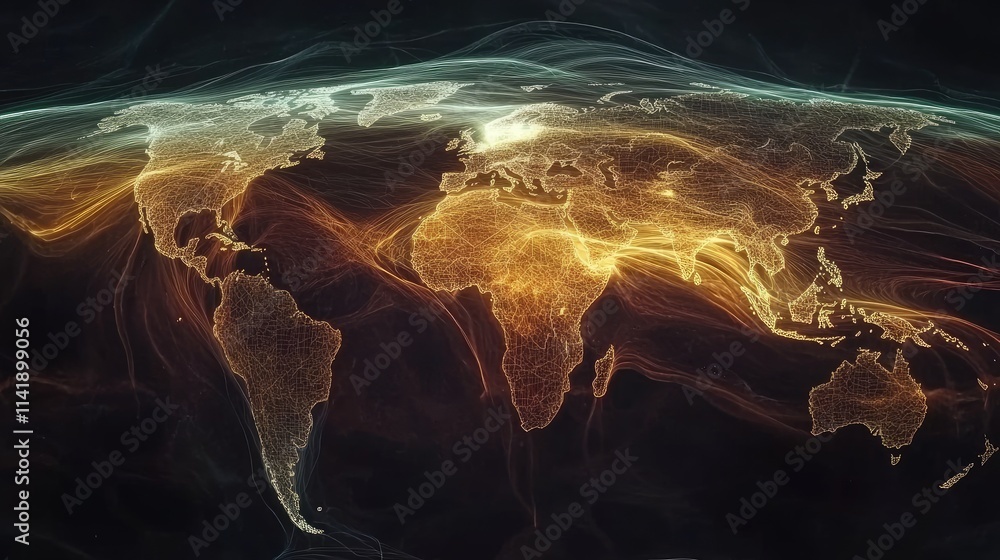 Fototapete World map illuminated by flowing digital data streams, creating a futuristic visualization of global connectivity and data processing