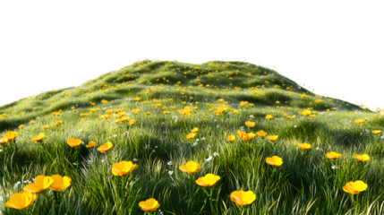 verdant hill blooming with yellow flowers in spring. 3d render isolated on white background, photo, 