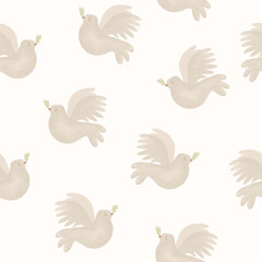 Vintage Style Seamless Vector Pattern with Flying Doves. Hand Drawn Wallpaper With Pigeons and Olive Twigs. Doves on a Light Ivory Background. Animal Symbol of Peace. Christian Symbol of Holy Spirit. 
