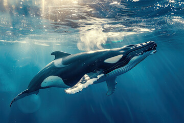 Obraz premium Fantastically beautiful majestic huge whale in deep ocean