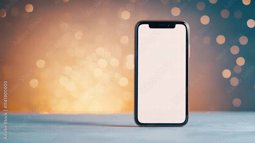 Poster smartphone with blank screen stands against blurred bokeh background, creating modern and elegant at
