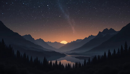 Naklejka premium Night Landscape with Mountains, Forest, and Starry Sky Reflection
