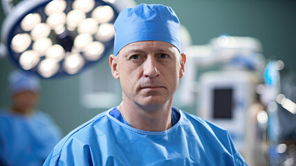 A focused doctor wearing a blue surgical gown and cap, standing in a hospital setting with blurred medical equipment and light in the background, highlighting his professional environment.