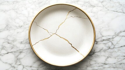 Ivory earthenware plate with gold-infused cracks on a minimalist marble surface, representing the intersection of traditional Japanese craftsmanship and modern design