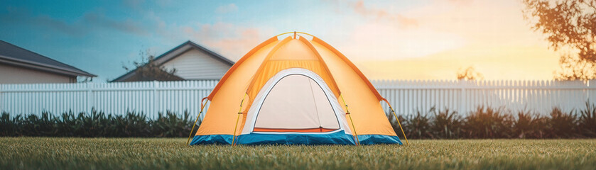 vibrant orange tent set up in backyard, surrounded by green grass and white fence, under beautiful sunset sky