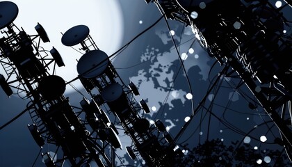 Silhouetted communication towers under a night sky