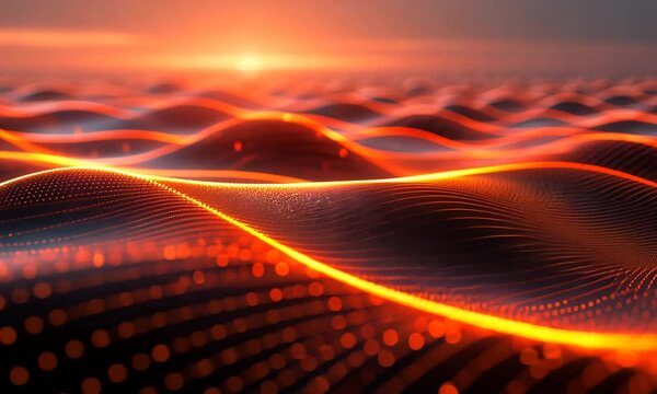 Abstract glowing orange and black wave particles.