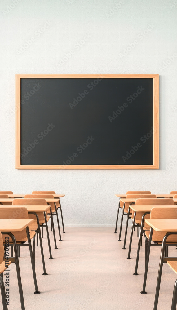 Poster classroom with wooden desks arranged in rows facing blank blackboard, creating calm and focused lear