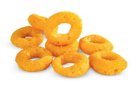 O ring snack with cheese flavor isolated on white background. ring shaped snack with cheese flavor. png file, transparent background